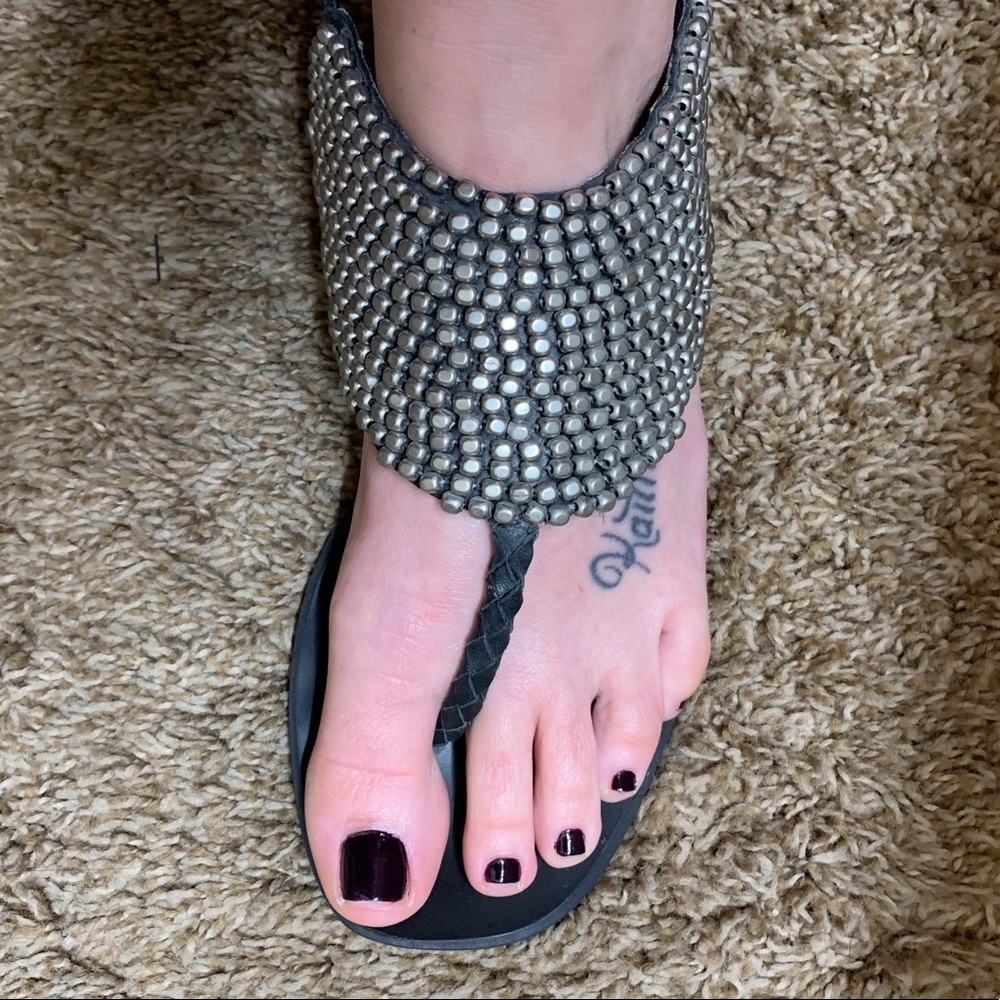 BCBG black leather sandals with silver beading